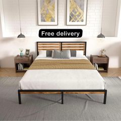 Bed Frame, Vintage Wooden Headboard