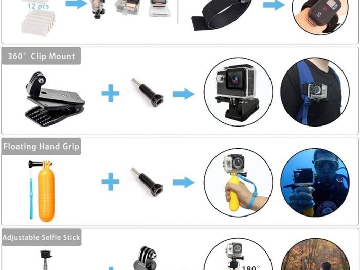 Action Camera Accessories Kit for GoPro Max GoPro Fusion GoPro Hero11 Hero10 Hero9 Hero8 Hero7 6 5 4 DJI OSMO Action Insta360 AKASO Campark Crosstour (FREE POSTAGE)