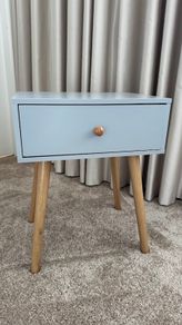 1 Drawer Wooden Nightstand with Round Tapered Legs, Blue and Brown