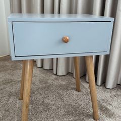1 Drawer Wooden Nightstand with Round Tapered Legs, Blue and Brown