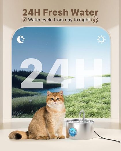 Cat Water Fountain for Drinking: Stainless Steel Cat Fountain - 2.2L Water Fountain Cat Bowl - Pet Water Fountain - Cat Drinking Fountain - Visible Water Level Cat Water Dispensers