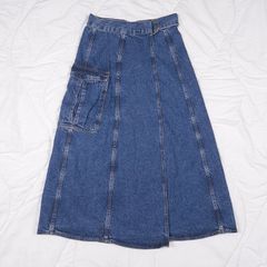 Zara Mid Blue Denim Utility Cargo Pocket Belted D-Ring Midi Skirt Size S