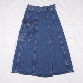 Zara Mid Blue Denim Utility Cargo Pocket Belted D-Ring Midi Skirt Size S