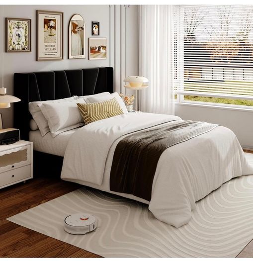 Double Bed Frame with Headboard, Velvet Geometric Tufted Upholstered Platform Bed Frames, Contemporary Mattress Foundation, No Box Spring Needed, Noise Free, Easy Assembly, Black
