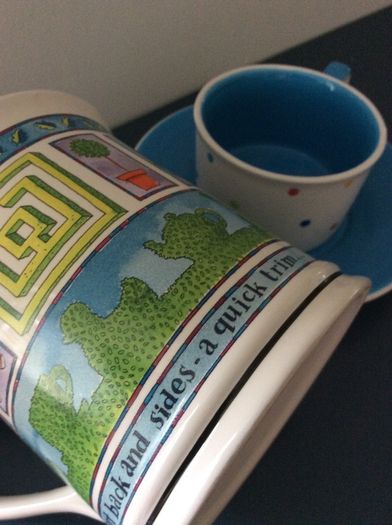 A Large Whittard of Chelsea  Tankard Mug " A Short Back and Sides - A Quick Trim" and a blue polka dot tea cup and matching saucer