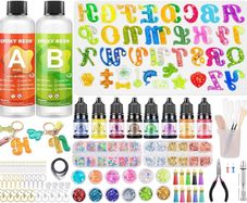Resin Kits for Beginners, 218PCS Epoxy Resin Kit, Silicone Letter Moulds with Pigments, Sequins, Gold Leaf, Keychain,Tassels, for DIY Keyring/Jewelry Making