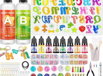Resin Kits for Beginners, 218PCS Epoxy Resin Kit, Silicone Letter Moulds with Pigments, Sequins, Gold Leaf, Keychain,Tassels, for DIY Keyring/Jewelry Making