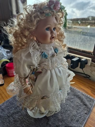 Vintage Irish Porcelain Doll with Flower Wreath and Pinwheel Vintage