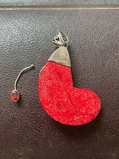 Sterling Silver 925 Red Wood & Gemstone Crescent Pendant - Broken Piece Included