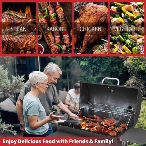 BBQ Grill Smoker With Side Shelves, Barbecue Garden Grill with Temperature Gauge, Outdoor Oil Drum Camping Barbeque Charcoal BBQ Barrel