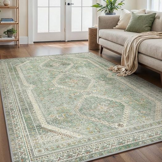 Living Room Rug Without Plush, Washable Kitchen Rug, Non-Slip Rug, Bedroom Hallway, Desk Chair Mat, Dining Room, Green, 120 x 170 cm