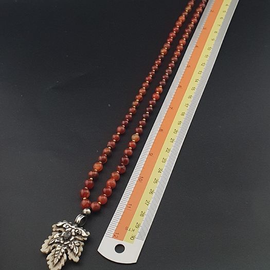 Antique Carnelian Red Agate With Sterling 925 Silver Leaf Pendant Necklace