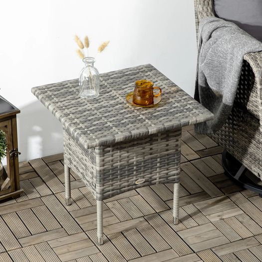Rattan Side Table, Outdoor Coffee Table with Plastic Board Under the Full Woven Table Top for Patio, Garden, Balcony, Mixed Grey