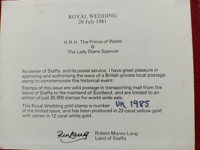 1981 ROYAL wedding commemorative 23 Carat yellow gold stamp limited edition