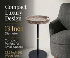 Stone Boho Round Side Table With Tray Top, Pedestal Drink Table for Small Spaces, Aesthetic Accent Nightstand for Living Room, Bedroom, Corners, and Office (Multi Colored)