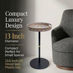 Stone Boho Round Side Table With Tray Top, Pedestal Drink Table for Small Spaces, Aesthetic Accent Nightstand for Living Room, Bedroom, Corners, and Office (Multi Colored)