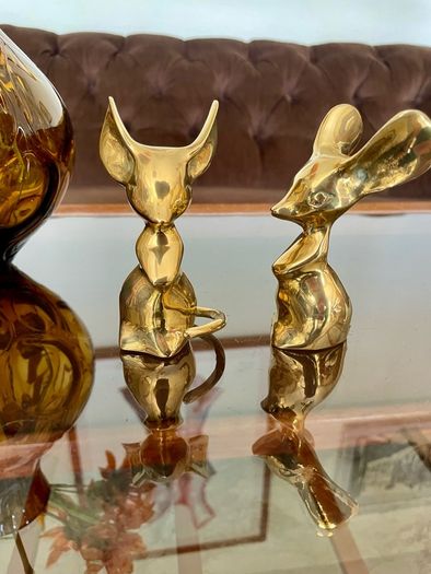 Two Vintage Stylised Big Eared Brass Mouse Figurines Brass Mice Ornaments 1970s