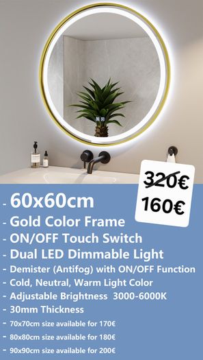 LED Bathroom Mirrors Selection Clock Speakers Bluetooth Demister Antifog Wi-Fi Weather Station Makeup