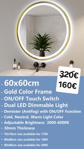 LED Bathroom Mirror Antifog Demister Gold Frame