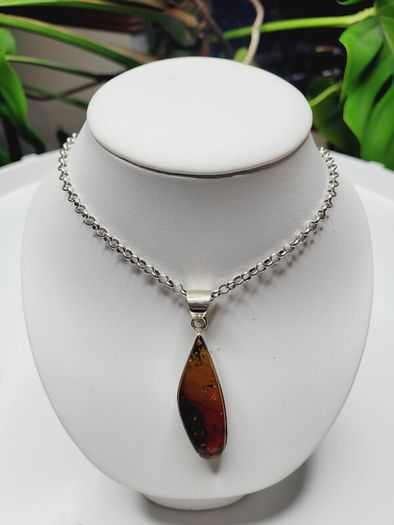 Vintage Sterling Silver Amber Pendant & Chain - Statement Necklace