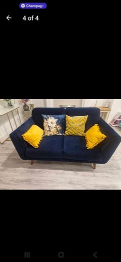 2 seater navy velvet couch & cushions