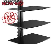 NEW SALE | 3 Floating Shelf Wall Bracket with Strengthened Tempered Glass for DVD Players/Cable Boxes/Games Consoles/TV Accessories, 3 Shelves, Black