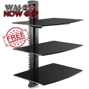 NEW SALE | 3 Floating Shelf Wall Bracket with Strengthened Tempered Glass for DVD Players/Cable Boxes/Games Consoles/TV Accessories, 3 Shelves, Black