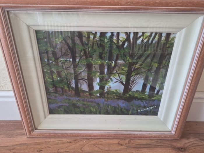 original forest trees painting in lovely box type frame