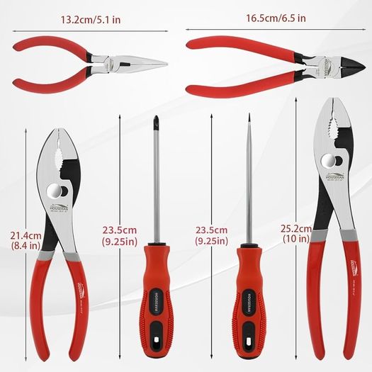 6-Piece Professional Tool Kit with Toolbox - 8" & 10" Slip Joint Pliers Set, 6" Wire Cutters, 5" Needle Nose Pliers, 2 Magnetic Screwdrivers, Storage Case for Garage, Crafts, Home Repairs