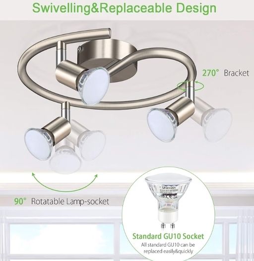 3 Way LED Ceiling Spotlight, Matt Nickel & Swivelling Design, Including 3 X 4W GU10 LED Bulbs (450LM, Cool White 6000K), for Bedroom, Living Room, Kitchen, Hallway, Balcony