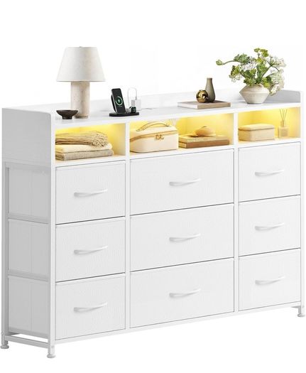 Chest of Drawers for Bedroom with LED and Charging Station, White
