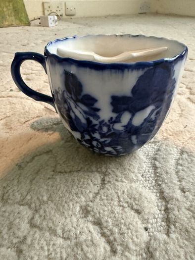 Vintage Flow Blue Moustache Cup and Saucer, Victoria Ironstone Staffordshire