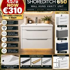 Shoreditch 650 wall hung vanity and basin two drawer massive saving