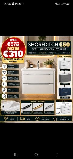 Shoreditch 650 wall hung vanity and basin two drawer massive saving