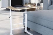 Side Table Adjustable Height Coffee Table Mobile End Table with Wheels Locking Casters C Tables Chipboard Steel Iron Plastic White Maple Color 60 x 40 x 68-78 cm
