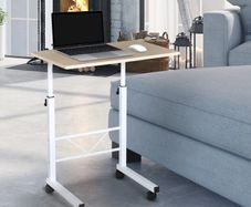 Side Table Adjustable Height Coffee Table Mobile End Table with Wheels Locking Casters C Tables Chipboard Steel Iron Plastic White Maple Color 60 x 40 x 68-78 cm