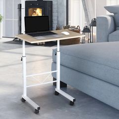 Side Table Adjustable Height Coffee Table Mobile End Table with Wheels Locking Casters C Tables Chipboard Steel Iron Plastic White Maple Color 60 x 40 x 68-78 cm