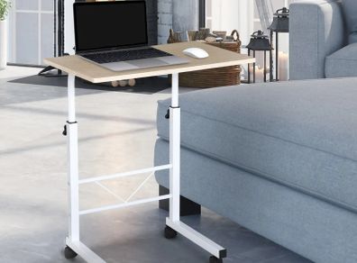 Side Table Adjustable Height Coffee Table Mobile End Table with Wheels Locking Casters C Tables Chipboard Steel Iron Plastic White Maple Color 60 x 40 x 68-78 cm