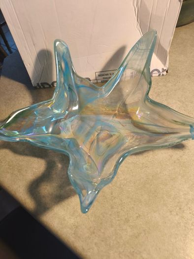 Glass Bowl Round Star Shaped Murano Art Deco Art Blue White
