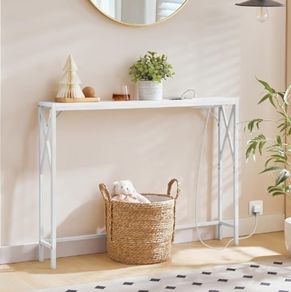 100 CM Narrow Sofa Table, Long Entryway Table, Hallway Table with USB Ports, Behind Couch Table with Power Outlets, White