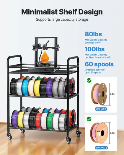 3D Printer Filament Storage Rack 3 Tier Heavy Duty Storage Shelf, Rolling Filament Spool Holders Racks with Wheels, Filaments Organzied for 3D Printing Station, Office, Workshop (Shelf Only)