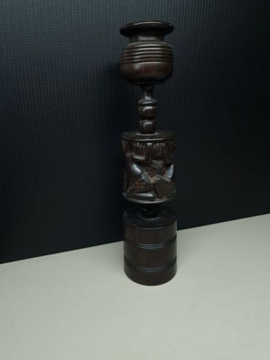 Heavy African Carved Wooden Candle Holder / Decorative Stand 25.5cm