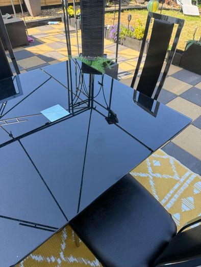 Black Glass and chrome dining table and chairs