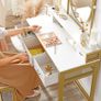 Dressing table, dressing table with stool, cosmetic table with oval mirror and open compartment, drawers, modern, for bedrooms, dressing rooms, white and gold-colored Image 3