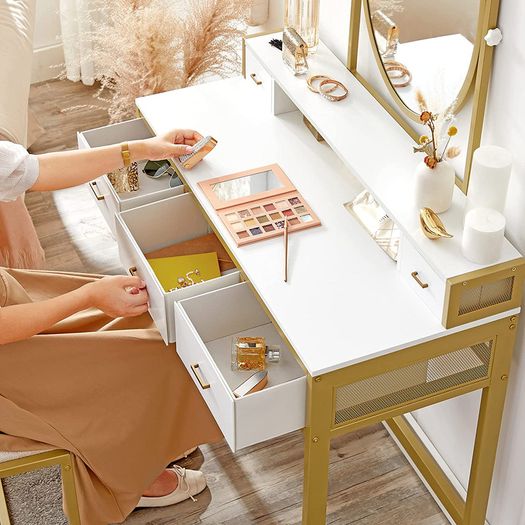 Dressing table, dressing table with stool, cosmetic table with oval mirror and open compartment, drawers, modern, for bedrooms, dressing rooms, white and gold-colored