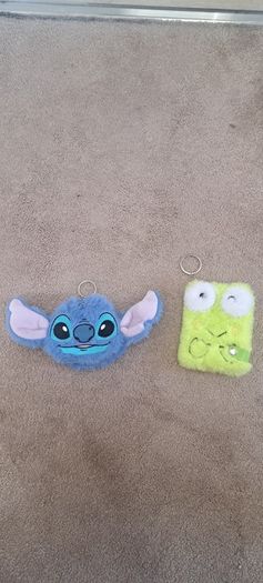 Stitch and Keroppi plush keychains with mini notebooks
