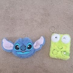 Stitch and Keroppi plush keychains with mini notebooks
