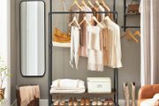 Coat rack with 2 clothes rails, coat rack with 2 shelves, with wheels, industrial design, vintage brown-black