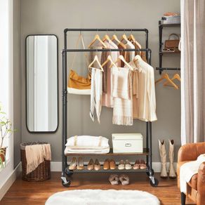 Coat rack with 2 clothes rails, coat rack with 2 shelves, with wheels, industrial design, vintage brown-black