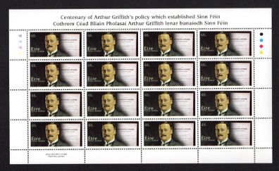 2005 Ireland Centenary of Arthur Griffith's Essays (which established Sinn Fein) Commemorative Stamp Sheetlet Plate 1B1B1B1B Mint Never Hinged (MNH)